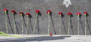 Carnations placed in remembrance of the lives lost at Babi Yar.
